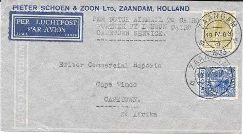 South Africa 1933 Zaandam Netherlands airmail cover to Cairo then to Cape Town very fine